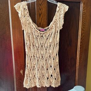 Retro 70’s Tan Crochet & Wood Bean Knit Top